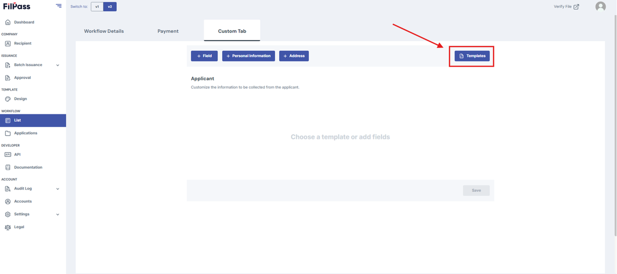 Image of the Custom tab page with the Templates button highlighted in a red box