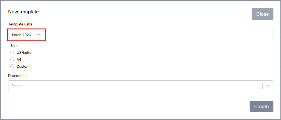 Image of New Template modal with the Template Label field highlighted in a red box