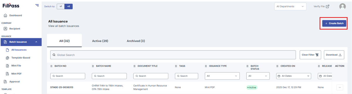 Image of All Issuances page with the Create batch button highlighted in a red box