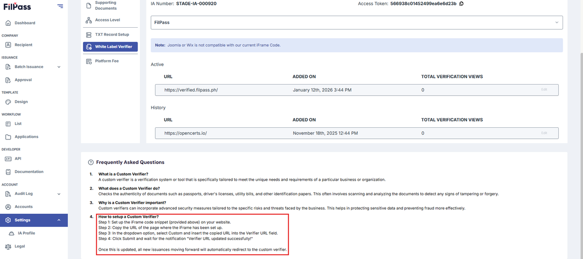 Image of the White Label Verifier page with the highlighted FAQ 