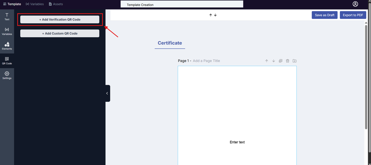 Image of the Template Design page with the Add Verification QR Code highlighted in a red box