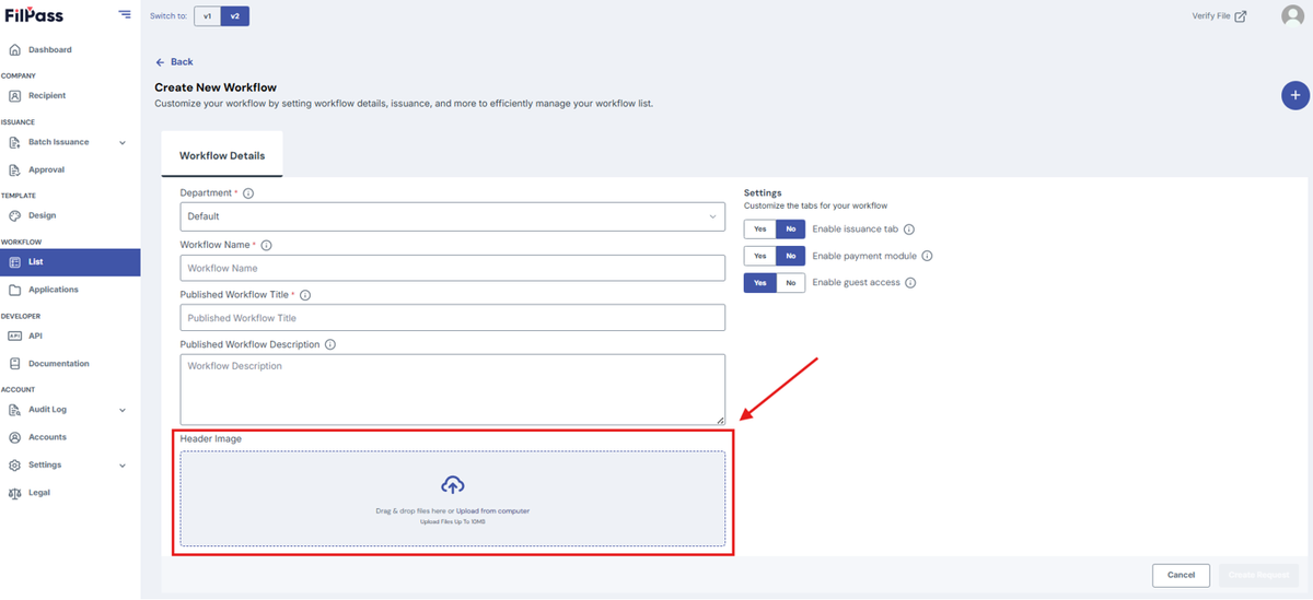 Image of the Create Workflow page the Header Image section highlighted in a red box