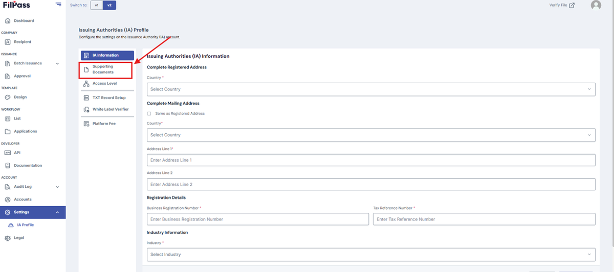 Image of the IA Profile page with a highlighted Supporting Documents tab.
