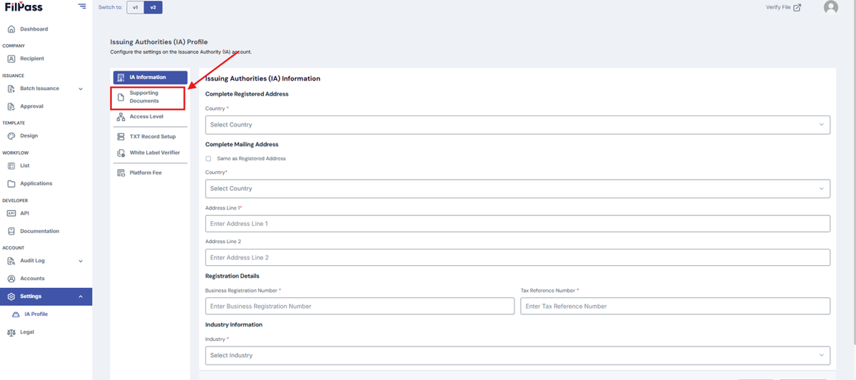 Image of the IA Profile page with a highlighted Supporting Documents tab.