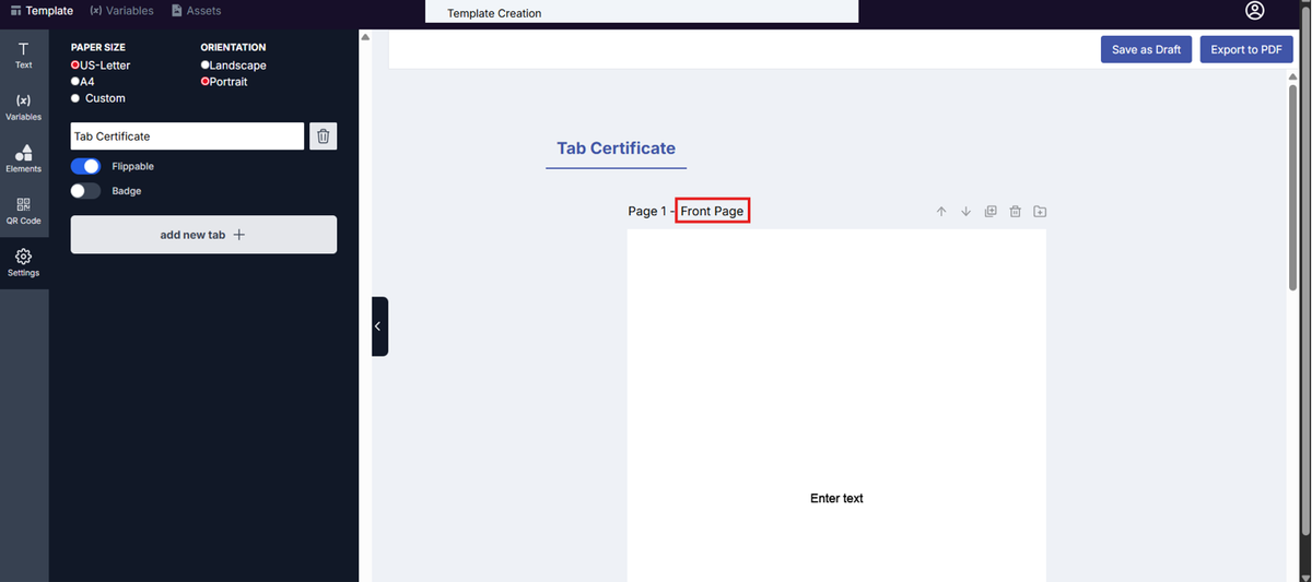 Image of the Template Design page with the Page Title "Front Page" highlighted in a red box