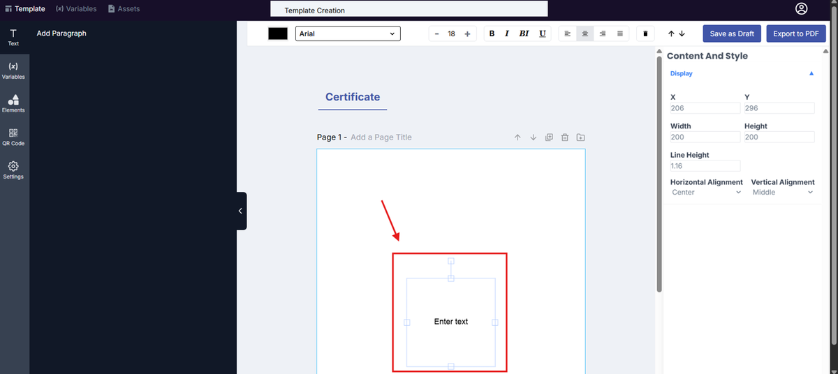 Image of the Template Design page with the text variable highlighted in a red box