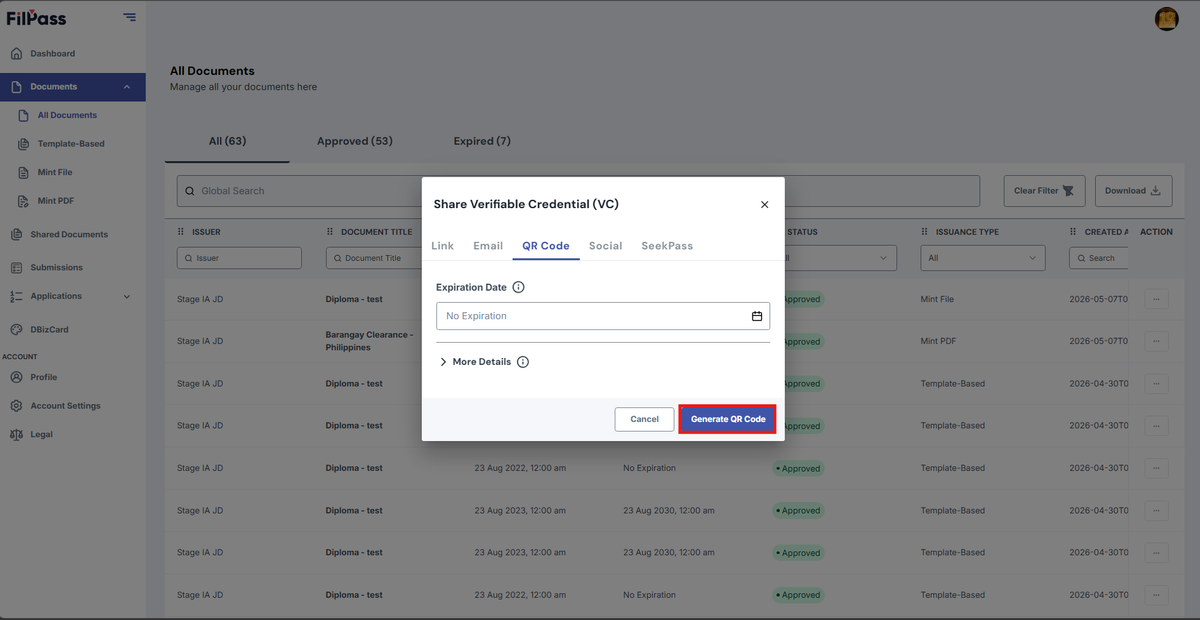 Image of the Share modal with the Generate QR Code button highlighted in a red box