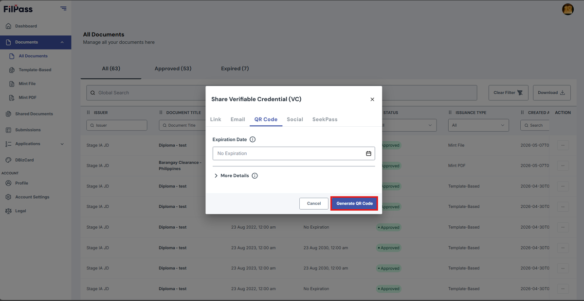Image of the Share modal with the Generate QR Code button highlighted in a red box