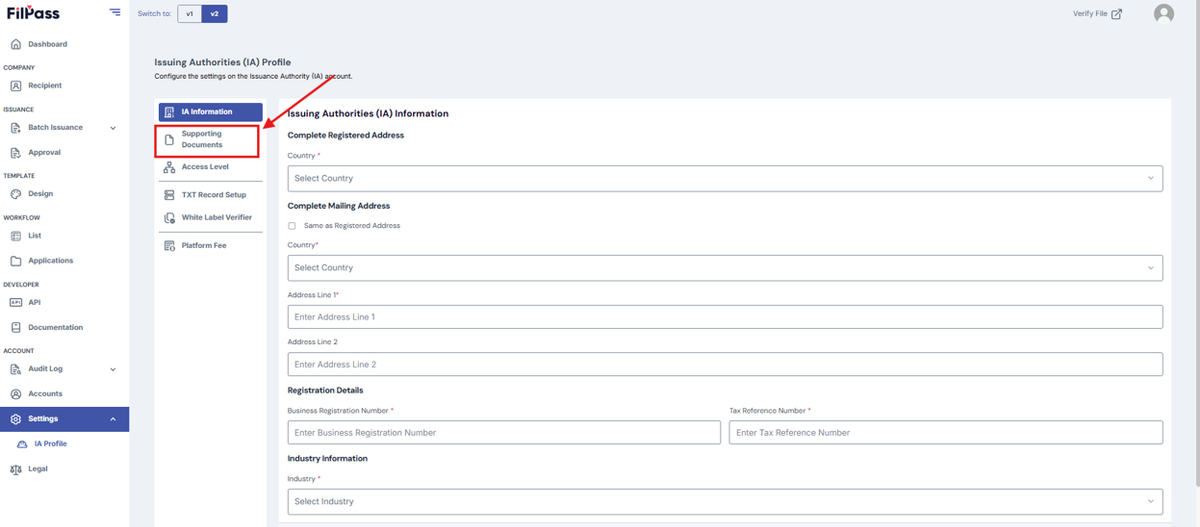 Image of the IA Profile page with a highlighted Supporting Documents tab.