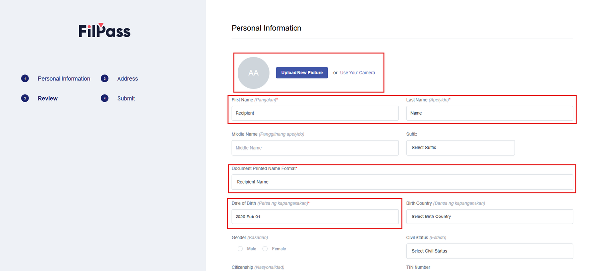 Image of the Personal Information page with the Required fields and the Upload New Picture section highlighted in a red box