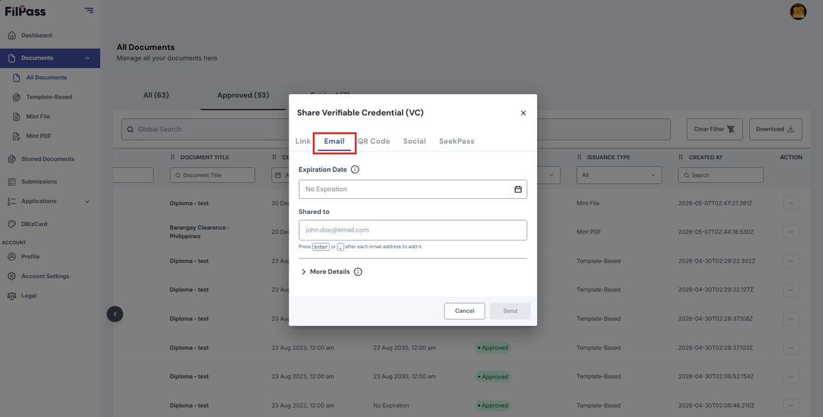 Image of the Share modal with the Email tab highlighted in a red box