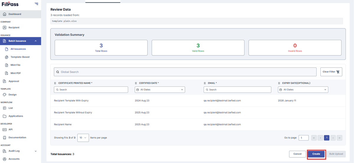 Image of Upload page with Create button highlighted with a red box