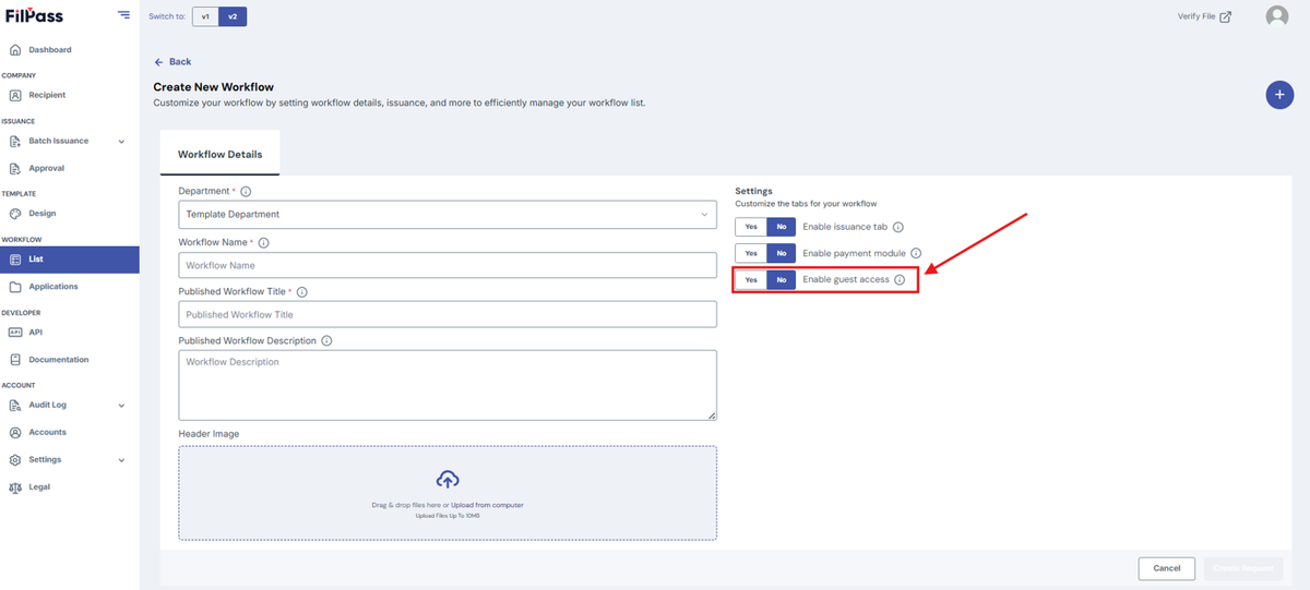 Image of Create Workflow page with the Enable Guest Access feature toggle highlighted in a red box