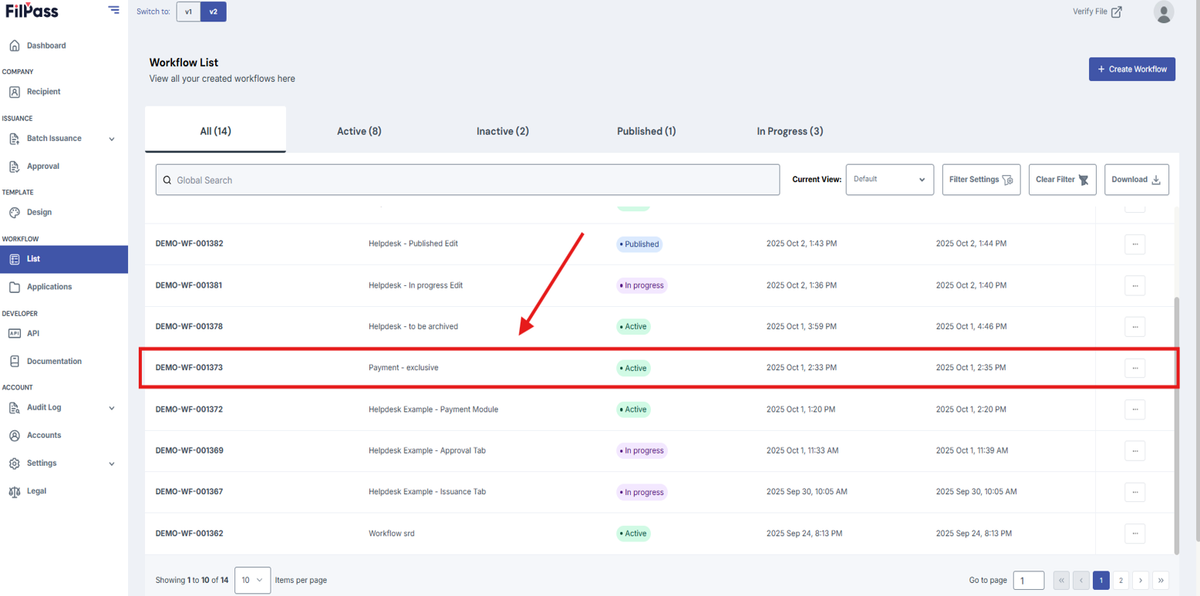 Image of Workflow List page with a Workflow row highlighted in a red box