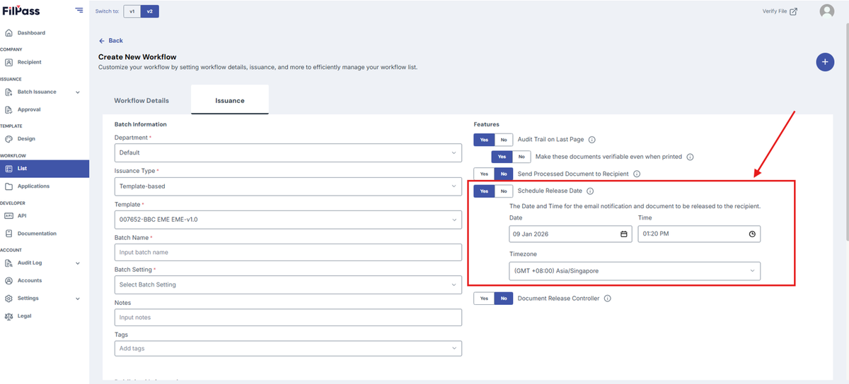 Image of the Issuance page with the Schedule Release Date feature section highlighted in a red box