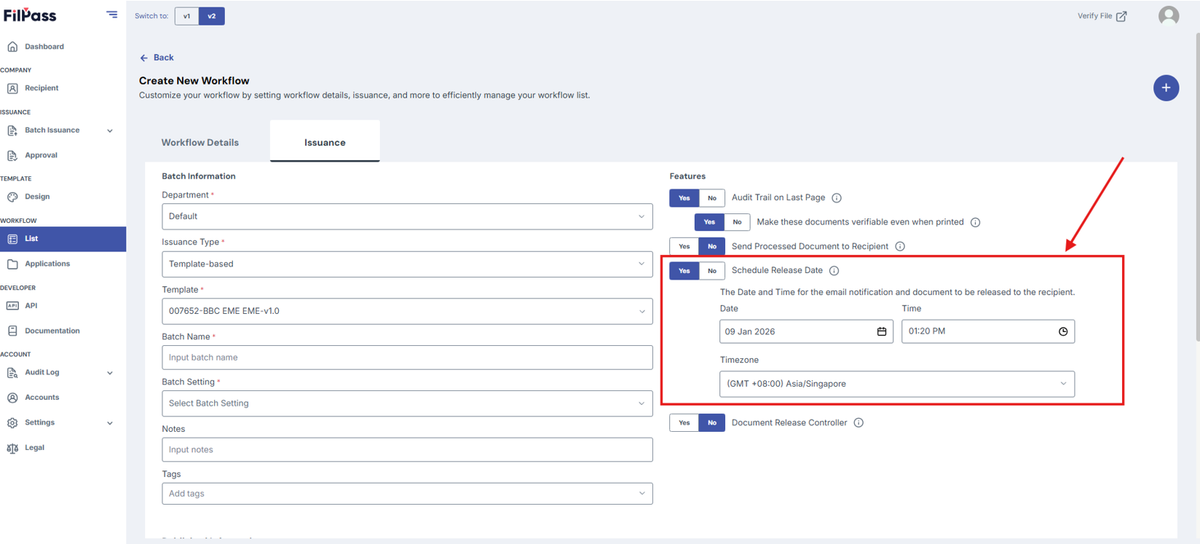 Image of the Issuance page with the Schedule Release Date feature section highlighted in a red box