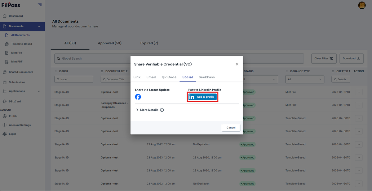 Image of the Share modal with the Add to LinkedIn Modal