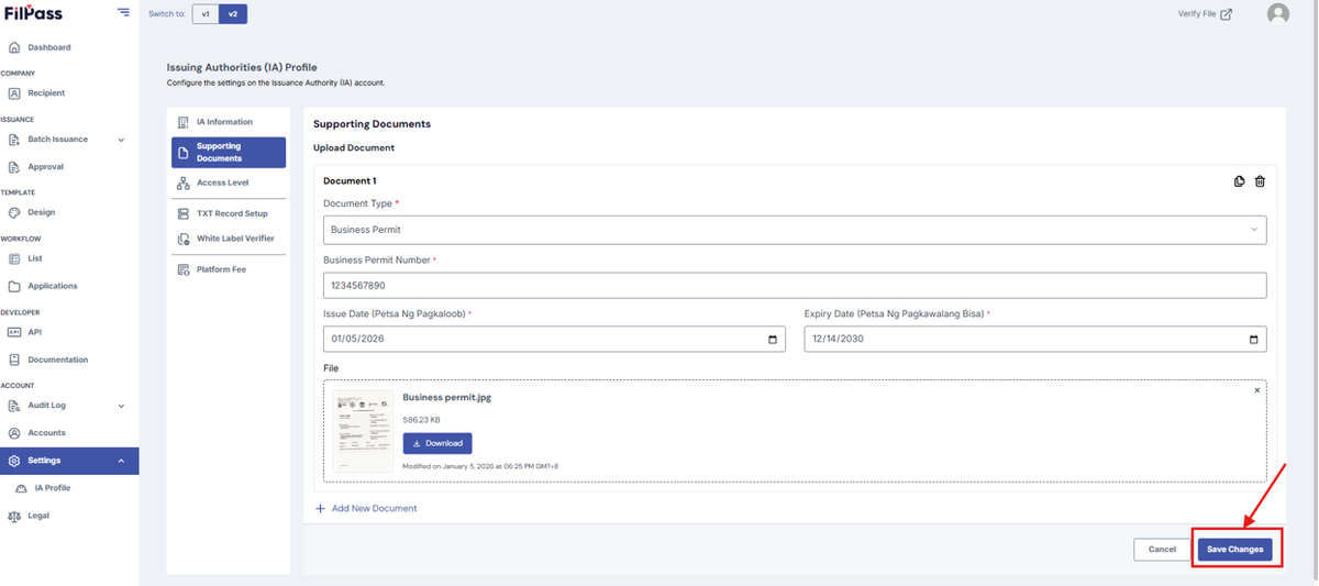 Image of the page with the highlighted Save Changes Button.