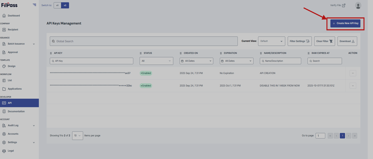 Image of showing where the Create New API button is located (upper right)