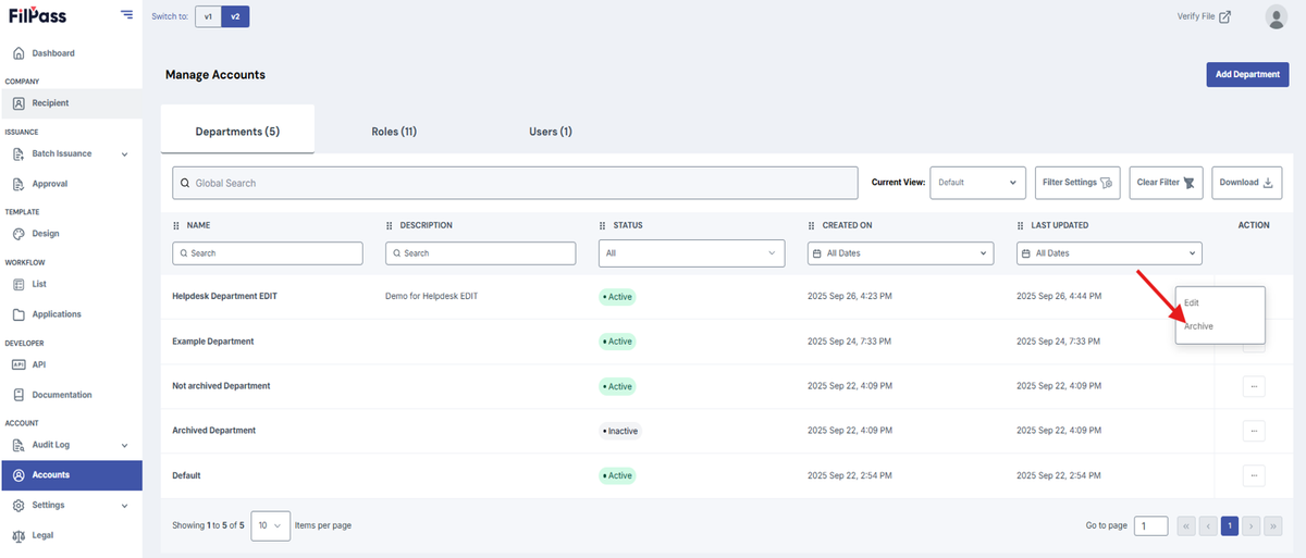 Image of the Department tab with the Archive button being highlighted.