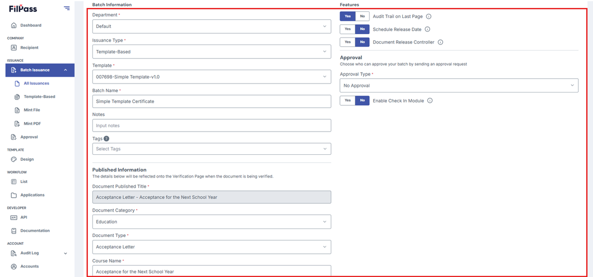 Image of Create batch page with all the fields and feature toggles highlighted in a red box