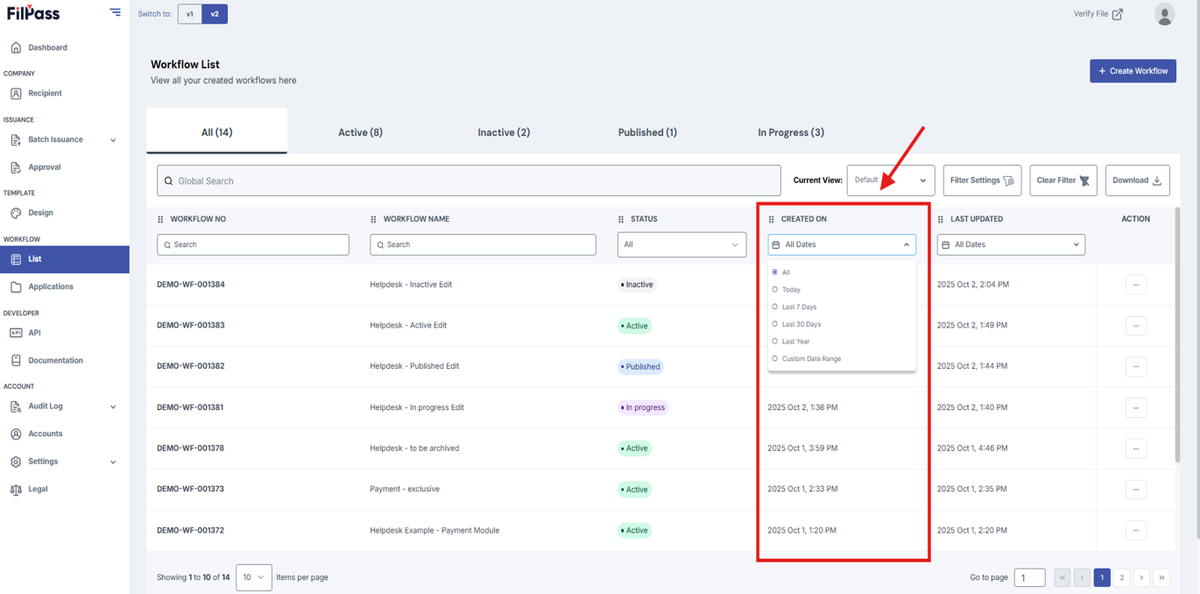 Image of Workflow page with the Created On column and Date filter dropdown highlighted in a red box
