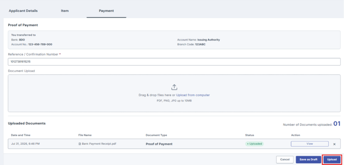 Click Upload to submit, then wait for the confirmation message. 