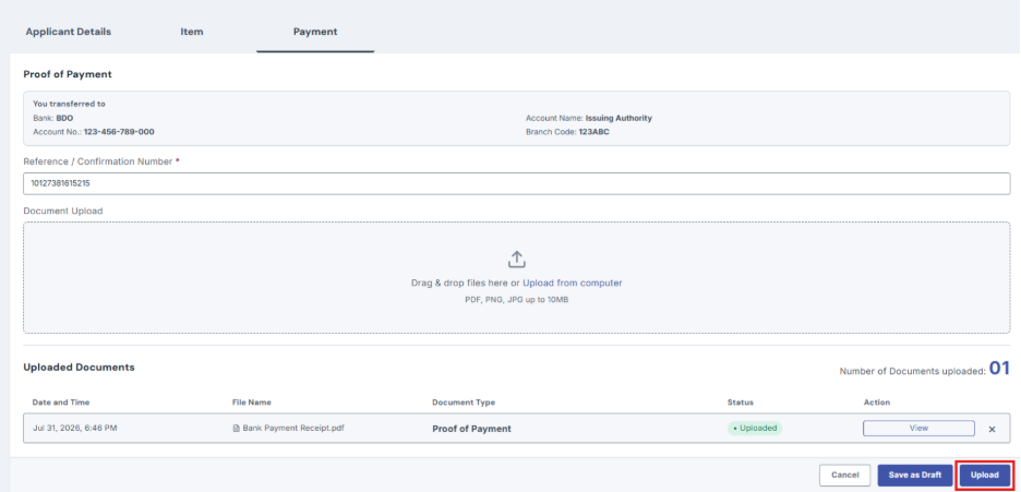 Click Upload to submit, then wait for the confirmation message.