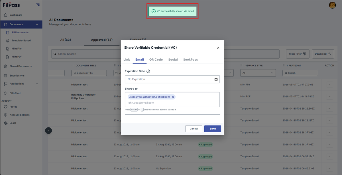 Image of the Documents page with the pop up message "Successfully sent email to the requester"