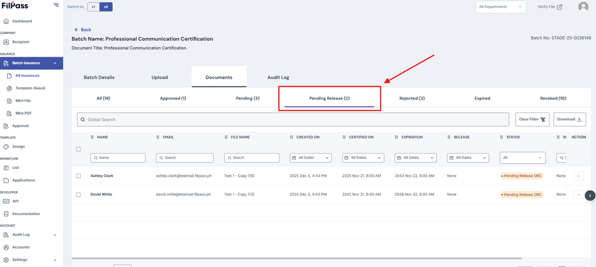 Image of Documents page with Pending Release tab highlighted in a red box