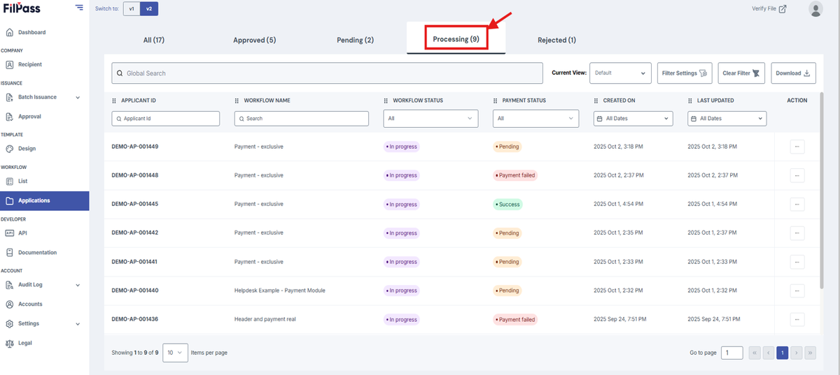 Image of the  Workflow Application page with the Processing tab highlighted in a red box