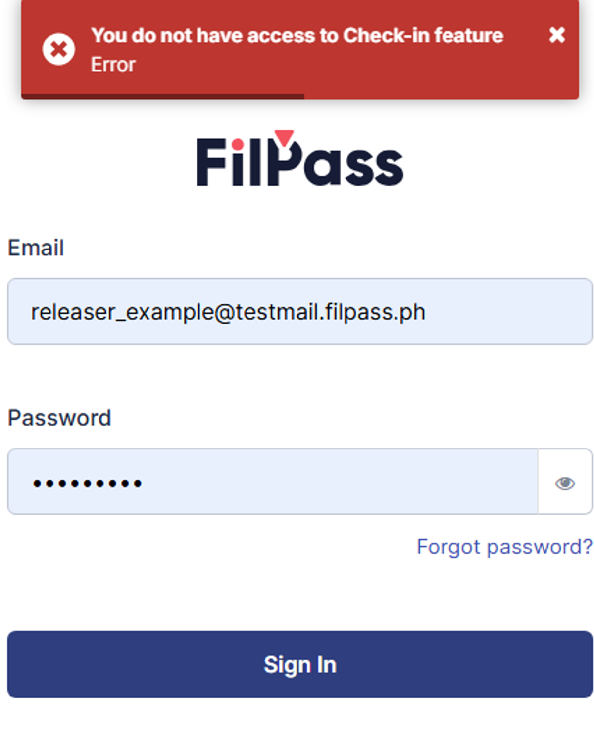 Image of the Check-In Login page with the error pop up, "You do not have access to Check-in feature."