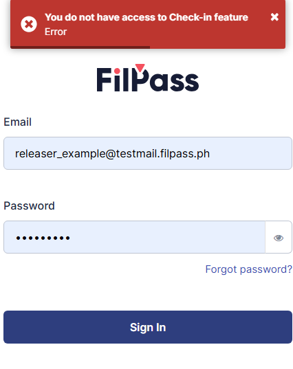 Image of the Check-In Login page with the error pop up, "You do not have access to Check-in feature."