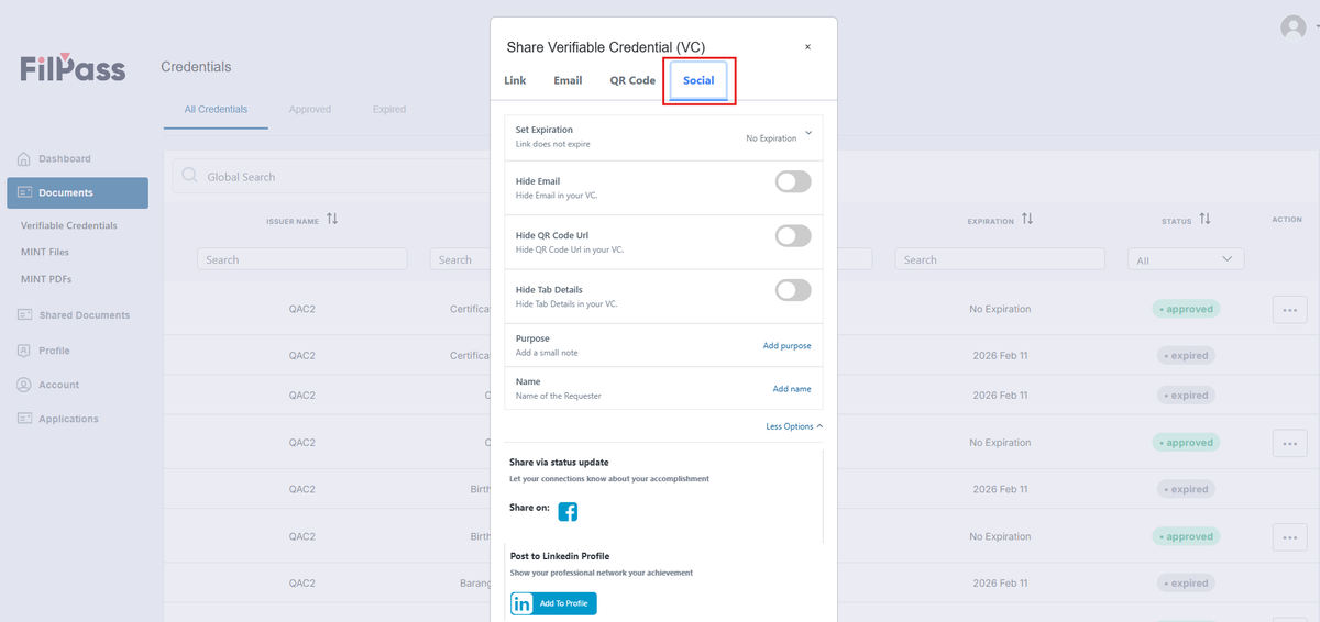 Image of the Share modal with the Social tab highlighted in a red box
