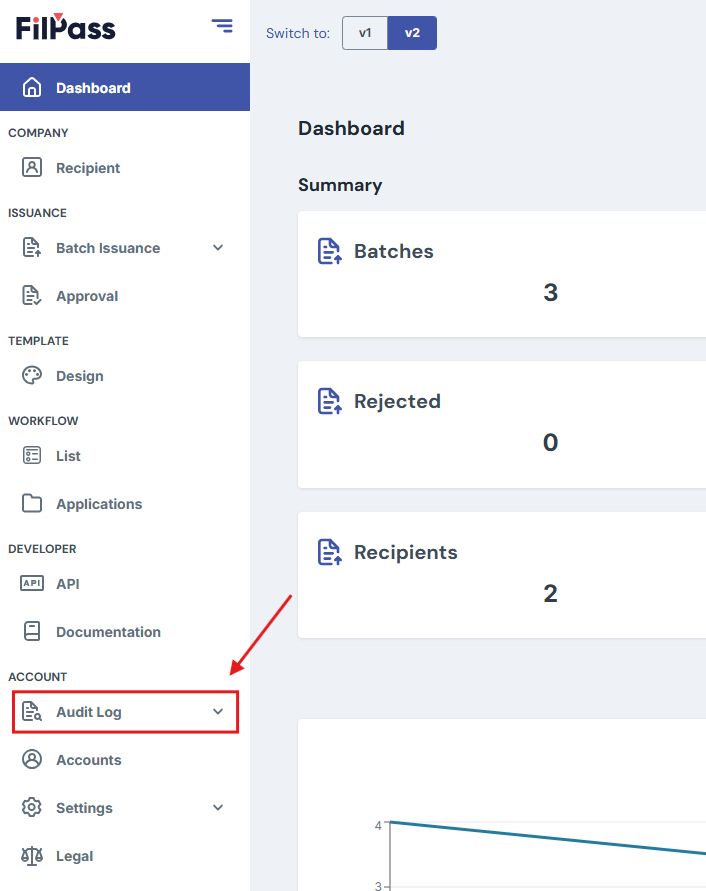 FilPass v2 dashboard with the “Audit Log” option highlighted in the left sidebar menu.