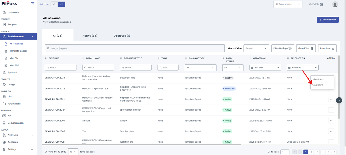 Image of All Issuances page with Unarchive button highlighted
