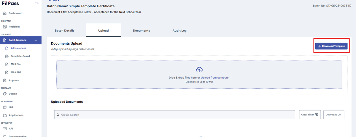 Image of Upload page with Download Template highlighted in a red box