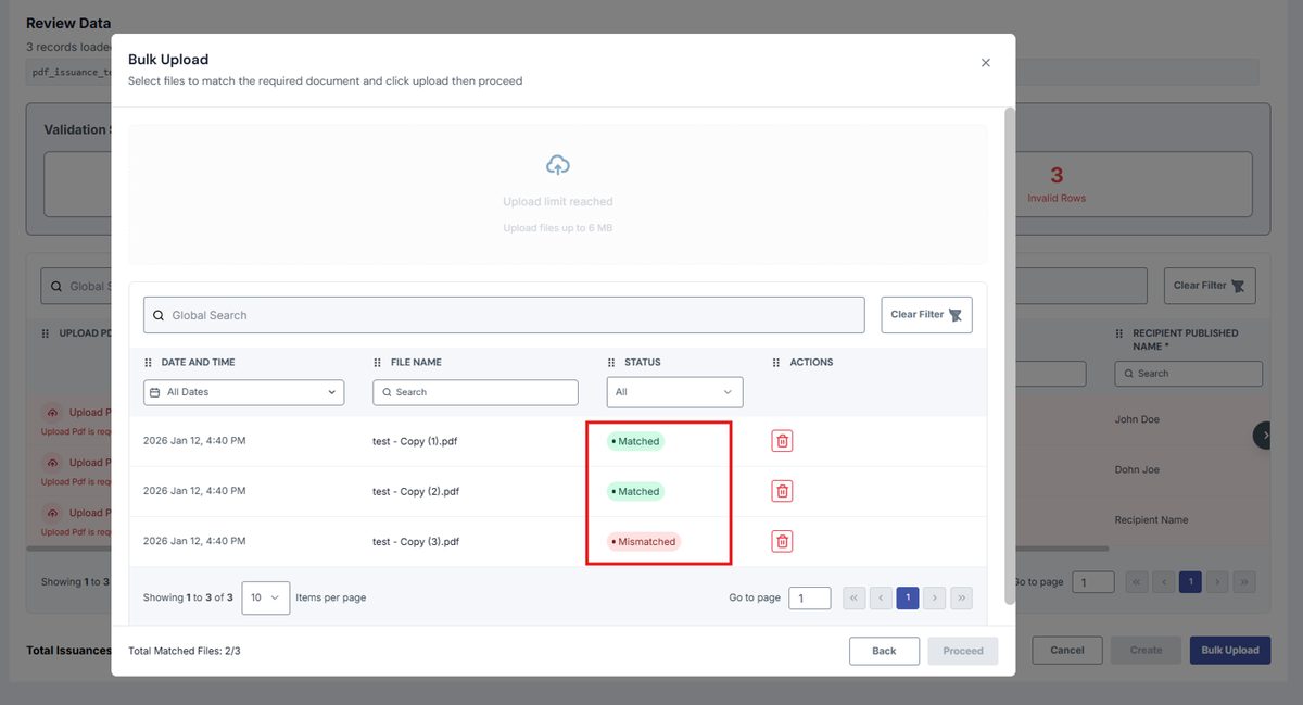 Image of Bulk Upload modal with the Status column highlighted with a red box