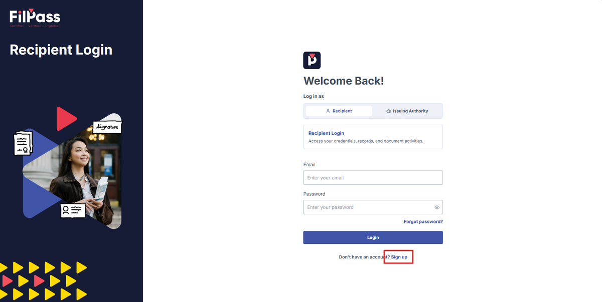 Image of the Filpass webpage with the Signup button highlighted in a red box