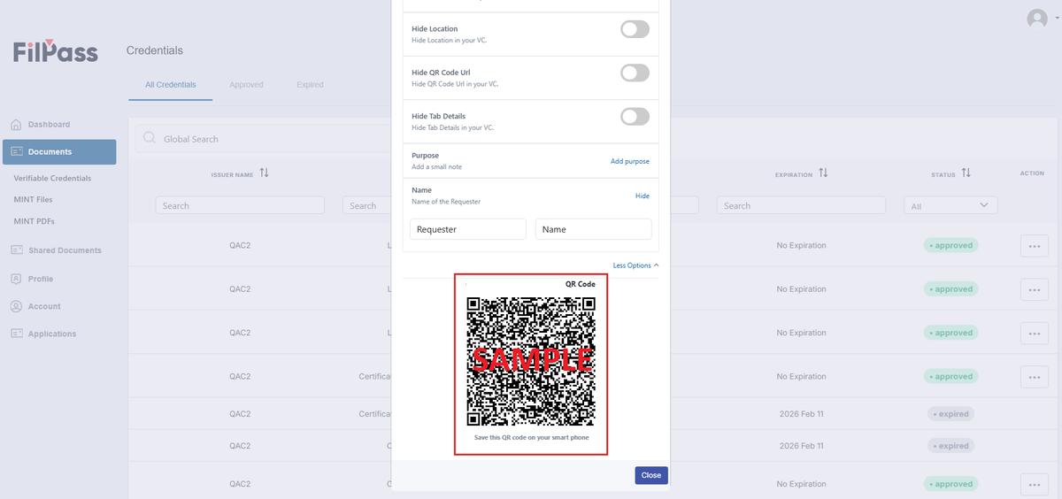 Image of the Share Modal with the QR Code with a text "SAMPLE" in red font color highlighted in a red box 