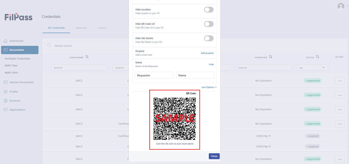 Image of the Share Modal with the QR Code with a text "SAMPLE" in red font color highlighted in a red box