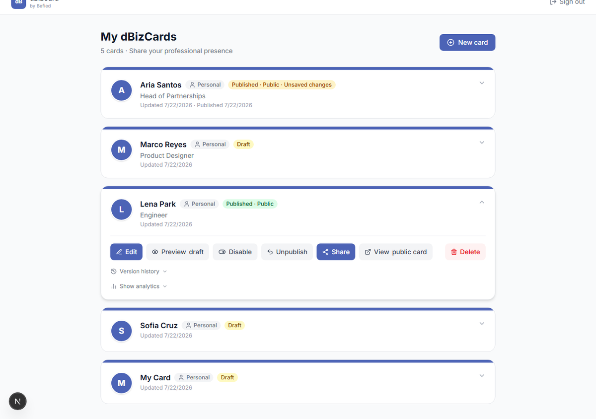 "Card published and is now live" confirmation