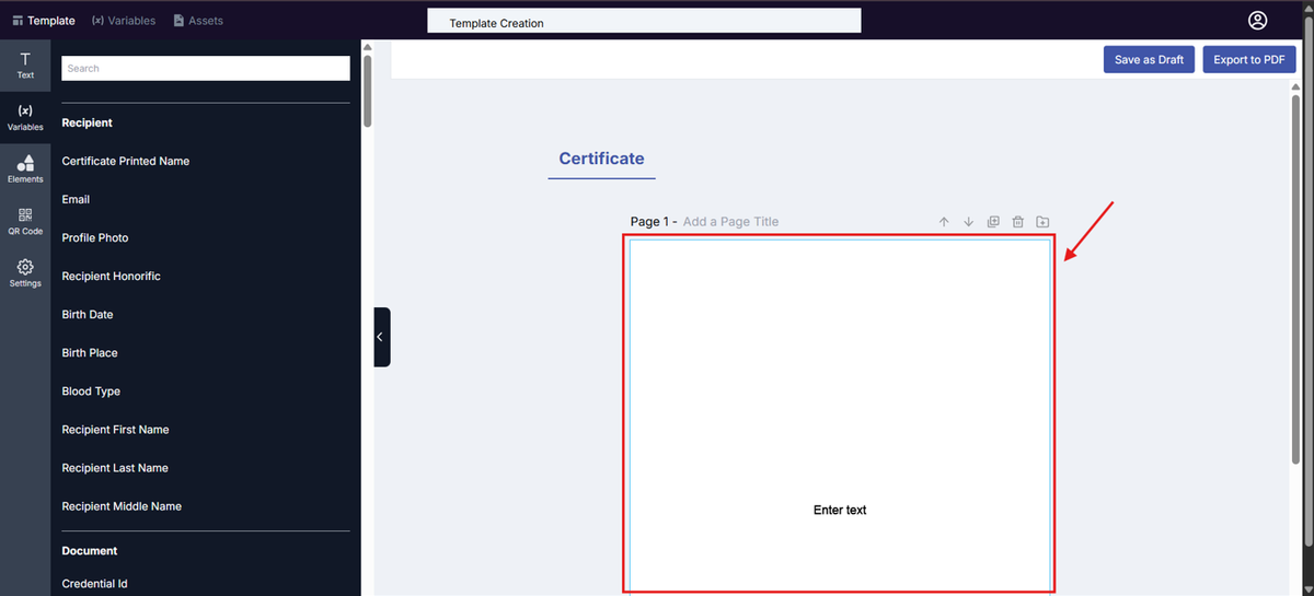 Image of the Template Design page with the page highlighted in a red box