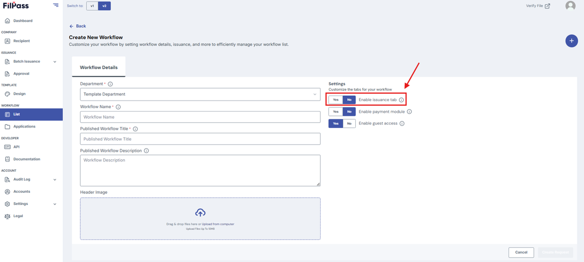 Image of Create Workflow page with the Enable Issuance tab feature highlighted in a red box