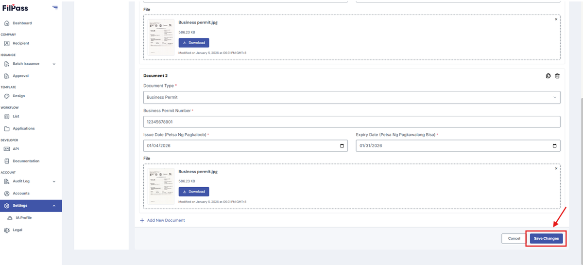 Image of the page with the highlighted Save Changes Button.