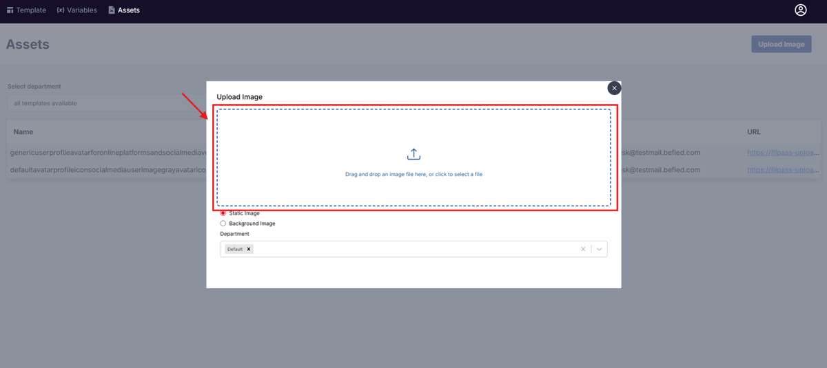 Image of the Upload Image modal with the Upload image section highlighted in a red box