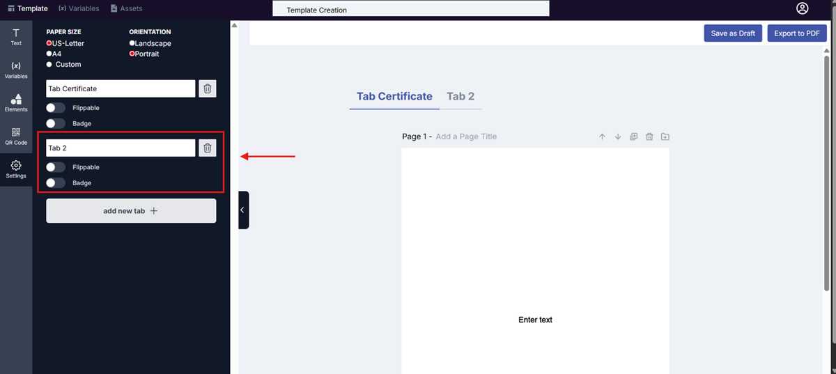 Image of the Template Design page with the Tab 2 Settings section highlighted in a red box
