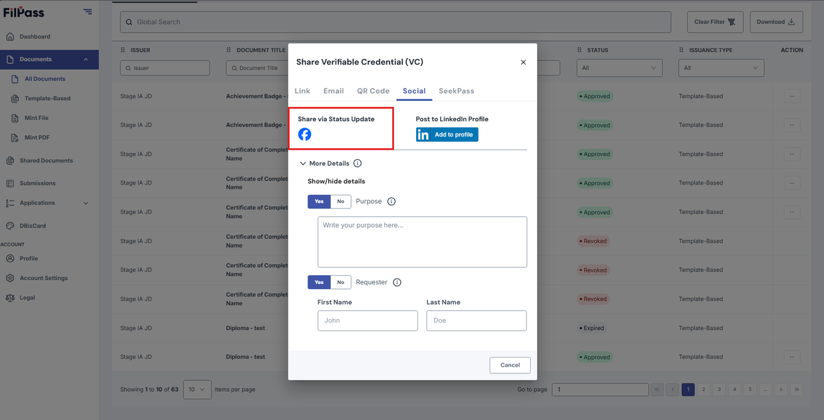 Image of the Share modal with the Facebook social media icon highlighted in a red box
