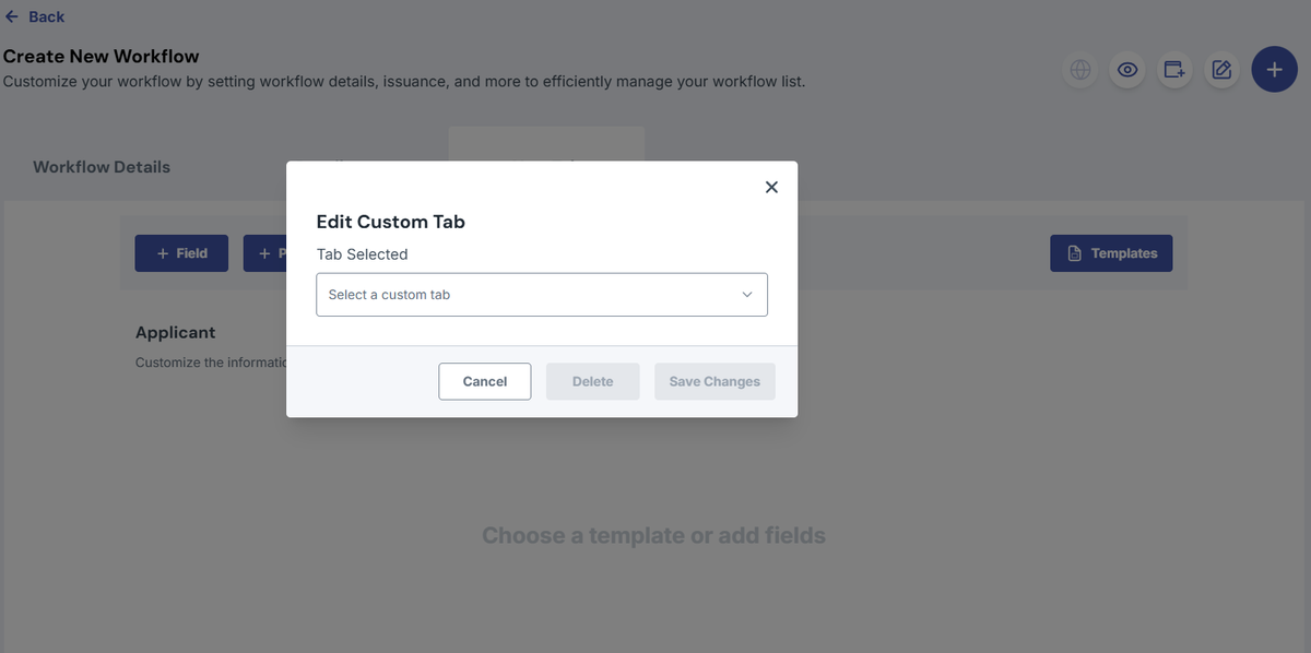 Image of the create workflow page with the edit custom tab modal