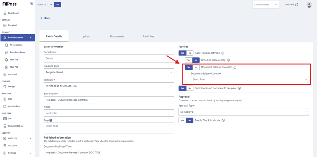 Image of Create batch page with the Document Release Controller toggle and Document Release Controller dropdown field highlighted in a red box